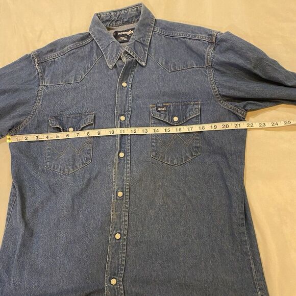 Wrangler Mens Extra Long Tails Denim Shirt Sz 16.5-34 Pearl Snap Made In USA - Picture 5 of 9